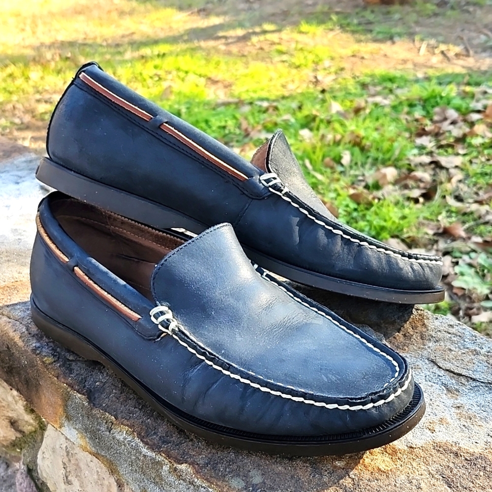 EUC POLO RALPH LAUREN MEN'S BLACKLY NAVY LEATHER LOAFERS - Picture 1 of 9